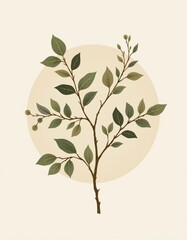 Illustration of a leafy branch against a circular background.