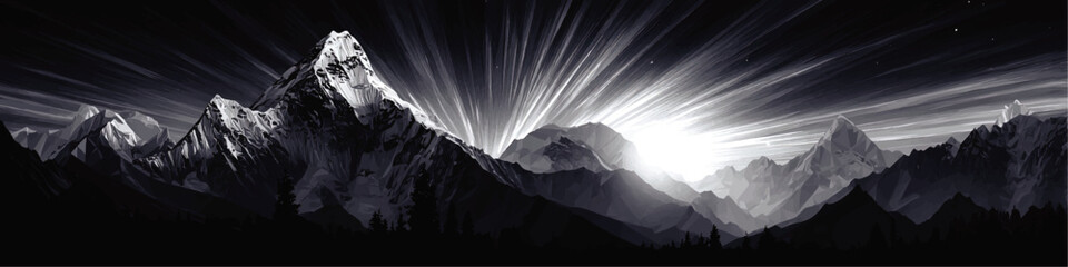 Dramatic Black and White Vector Mountain Landscape with Sunrise Rays and Silhouette Trees, Night Sky Illustration