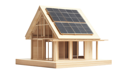 Model of Wooden House with Solar Panels Isolated on White Background