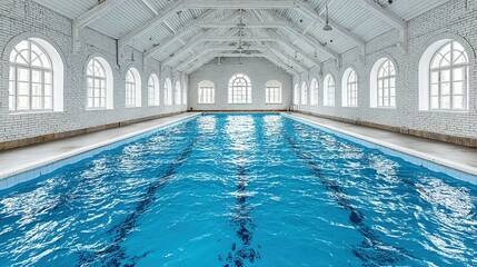 Obraz premium Interior of a large indoor swimming pool with white walls and arched windows.