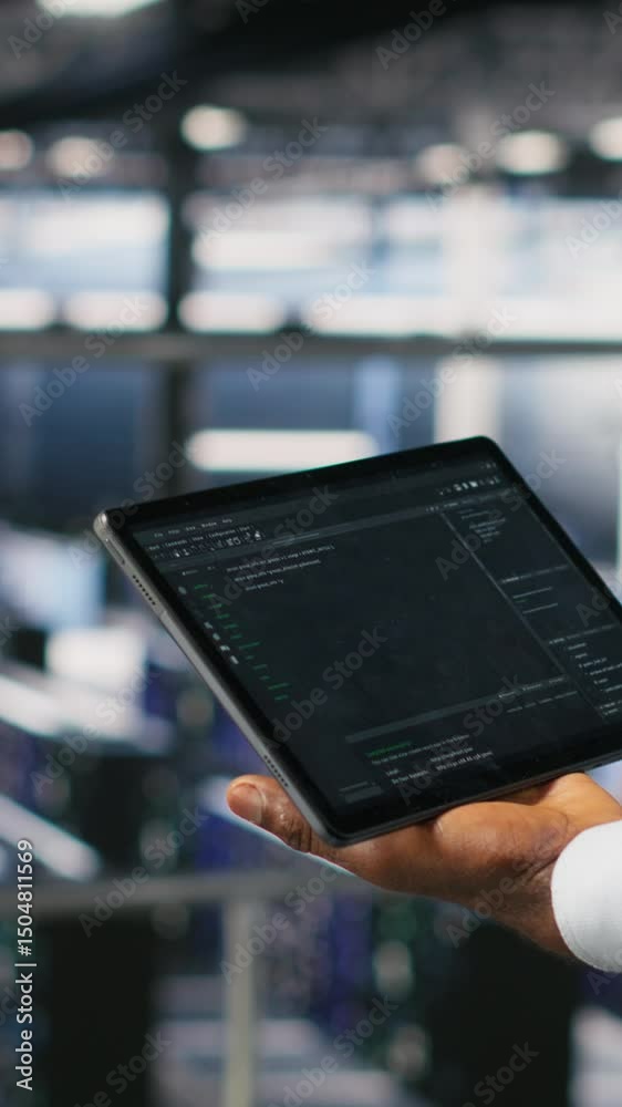 Poster vertical video close up of data center admin using tablet to reviewing machine learning code dashboa