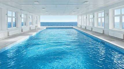 Obraz premium Tranquil indoor swimming pool overlooking the sea.