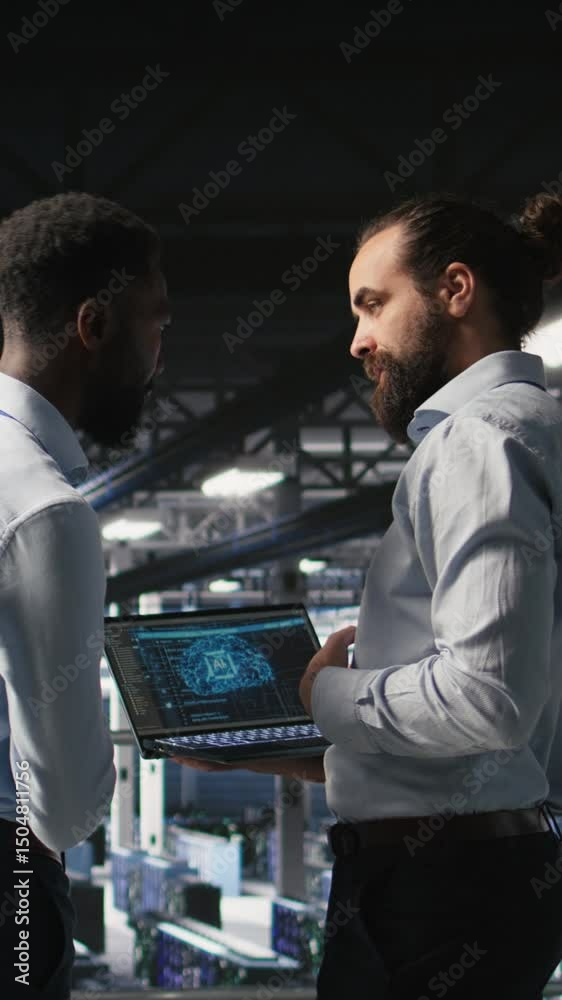 Fototapete vertical video data center workers cooperating, doing maintenance on rigs handling ai processing tas