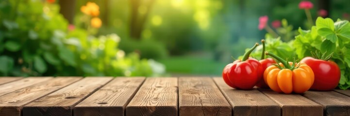 Rustic wooden table, blurred summer garden, BBQ grill , nature, rustic, shadow