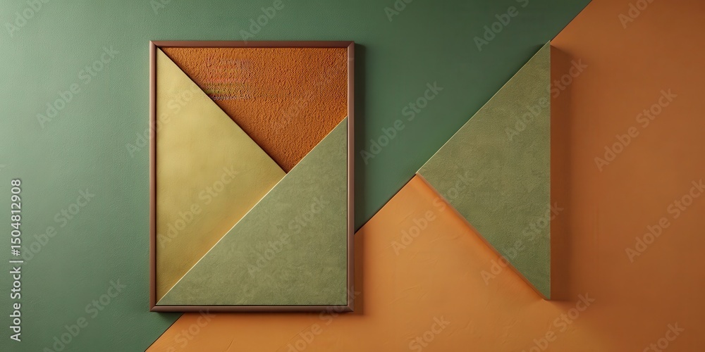 Sticker abstract composition featuring triangular shapes and earthy tones in a framed arrangement