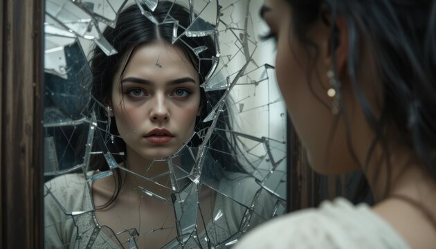Women face front on broken mirror