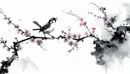 Fototapeta premium 枝で鳴くミソサザイの墨絵作品