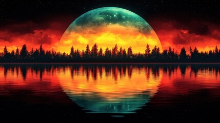 Vibrant Sunset with Reflection on Water and Mystical Planet Background