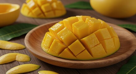 Freshly Cut Ripe Mango Cube Presentation on Wooden Plate Surrounded by Tropical Leaves and Slices in a Bright Natural Setting for Culinary Use