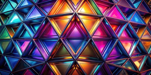 Abstract Iridescent Triangular Geometric Pattern A Vibrant and Colorful Tessellated Design Featuring Shiny, Multifaceted Triangles in a Repeating Array