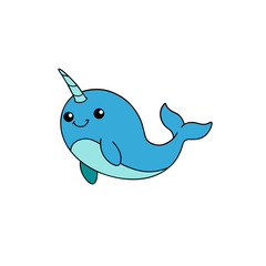 Side View of a Cute Jumping Narwhal in Kawaii Cartoon Vector Art Style