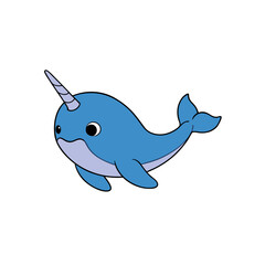 Obraz premium Happy Narwhal Cartoon Vector Illustration in Kawaii Jumping Side View Style