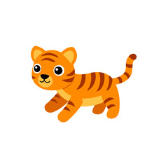 Energetic Tiger Cub Kawaii Illustration in Side View Jumping Vector Artwork