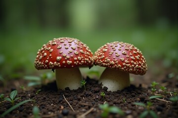 Pair of fly agaric mushrooms, natural red and white, representing forest autumn fungi against a green background, with copy space.