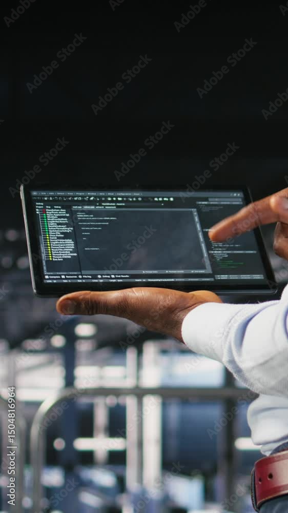 Poster vertical video close up of programmer swiping on tablet display in data center, doing maintenance ta