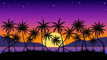 Tropical Beach Sunset scene Landscape Illustration with Coconut palm trees and starry vibrant gradient sky