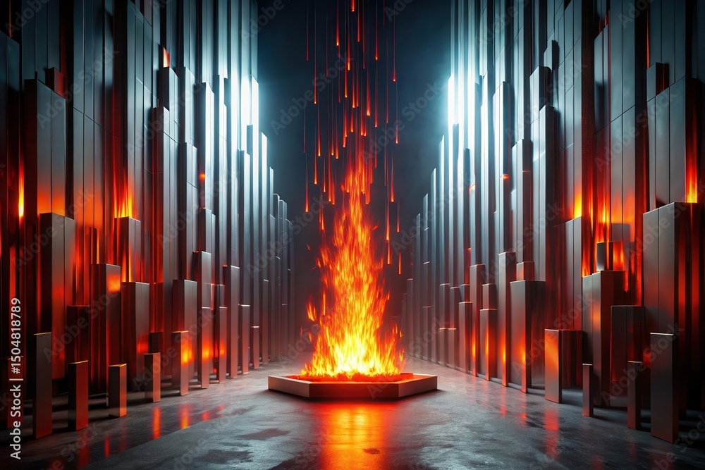 Wall mural fiery descent into a metallic corridor abstract architectural visualization of an inferno with glowi