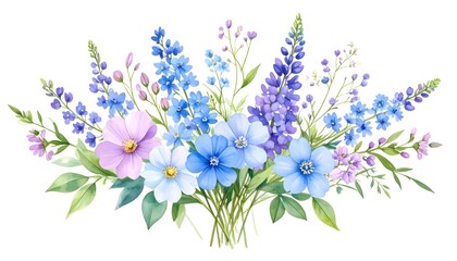 Obraz premium Floral bouquet composition of meadow flowers in blue and purple, watercolor style with fine details and soft texture, isolated on white