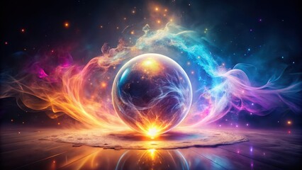 A luminous orb rests on a reflective surface, enveloped by swirling nebulae of vibrant hues, creating a mystical and ethereal scene.