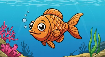 Fototapeta premium Adorable Cartoon Goldfish in Vibrant Underwater Paradise: A Delightful Ocean Scene