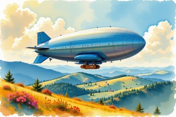 A large silver airship floats above colorful rolling hills and forests under a vibrant sky with fluffy clouds.