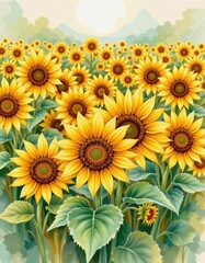 Obraz premium A vibrant sunflower field in full bloom under a bright sun with mountains in the background.