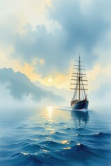 A sailboat glides across calm blue water at sunrise, surrounded by misty mountains and dramatic clouds.