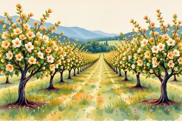 Fototapeta premium A vibrant orchard with rows of blossoming trees stretches toward distant hills under a clear sky.