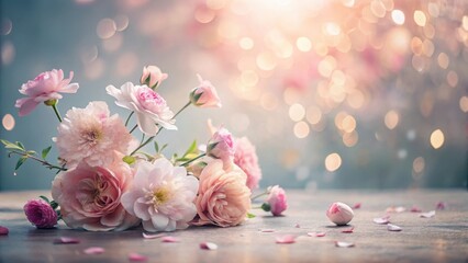 A Delicate Arrangement of Pastel Pink Blossoms on a Wooden Surface with a Dreamy, Soft-Focused Background