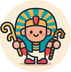 Cute Pharaoh Cartoon Holding Crook and Flail – Ancient Egyptian Kid Character in Flat Vector Style