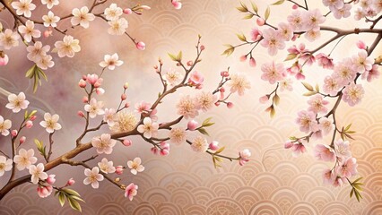 Obraz premium Delicate Pink Blossoms on Branch, Elegant Floral Design with Subtle Wave Pattern Background