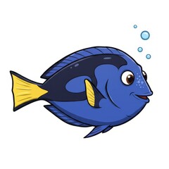 Adorable Cartoon Blue Tang Fish Underwater Scene Illustration