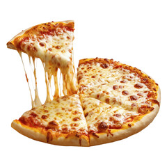 Italian Pizza with One Slice Lifted and Cheese Melting on Transparent Background