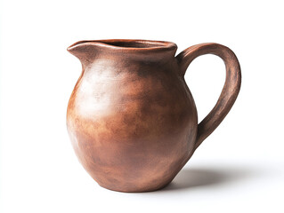 A handcrafted clay pitcher, isolated on a clean white background, with a smooth glaze and no shadow.