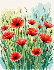 Fototapeta premium Vibrant red poppies bloom among green stems and leaves against a soft, pastel background in a lively, artistic illustration.