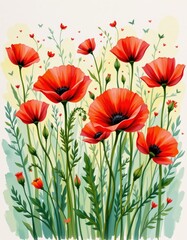 Fototapeta premium Vibrant red poppies and green foliage bloom amid butterflies and bees in a bright, cheerful floral illustration.