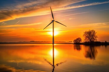 Golden Hour Energy A Wind Turbine Silhouetted Against a Vibrant Sunset Reflected in Calm Waters