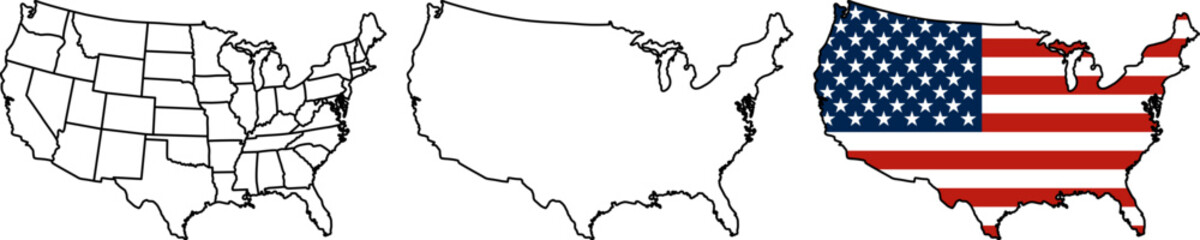 United States Map Vector Collection Complete representations in multiple styles silhouette, states, regions, outline, flag, and maps. Isolated on a transparent background