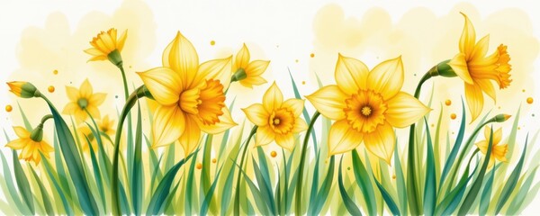 Bright Yellow Daffodils Bloom Grassy