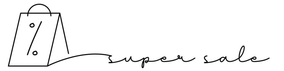 Super sale one line icon with caption. Continuous line drawing style. Footer, header. Vector illustration isolated on white background.