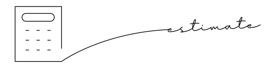 Calculating the estimate one line icon with caption. Continuous line. Flat vector illustration isolated on white