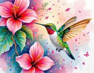 A colorful hummingbird hovers near vibrant pink flowers with lush green leaves and a dreamy, artistic background.