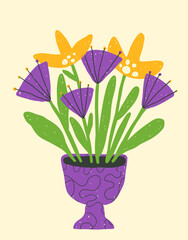 Floral composition with bold bright hand-drawn textured crazy flowers, a ready-made template for funny modern poster or postcard in naive style, vector illustration