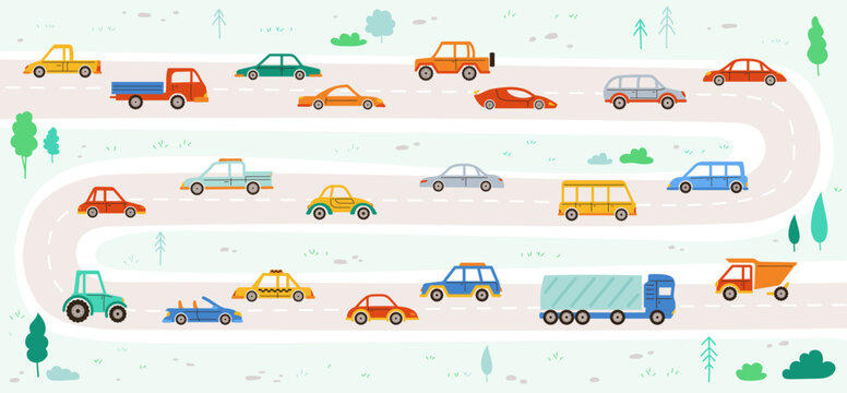 Road map with cars cartoon style illustration. Highway traffic abstract print for textile, apparel, fabric, carpet, nursery cloth. Cute children simple poster vector pickup, bus tractor truck, taxi