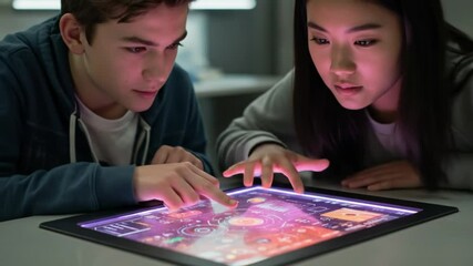 Focused kids interact with digital table - Powered by Adobe