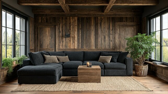 Dark-toned sectional sofa in a rustic living room with wooden paneling.