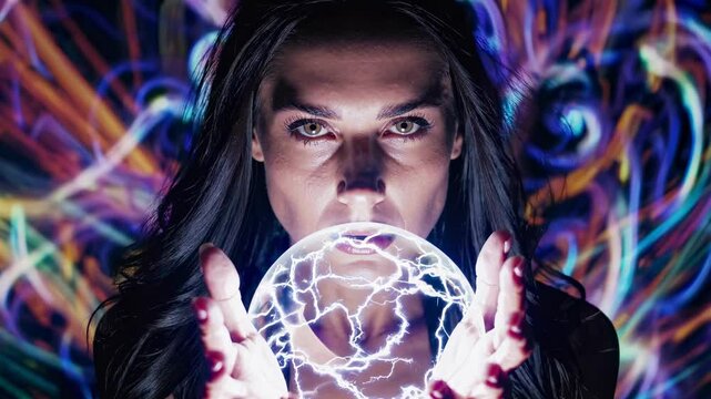 A close-up video shot of a person holding a glowing orb, with swirling colorful patterns in the background, creating a mystical atmosphere.