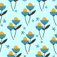 Bold positive and bright floral seamless pattern, hand drawn background with funny naive flowers, textile or fabric print vector illustration