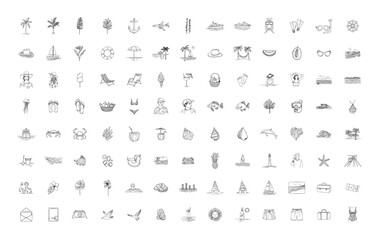 A set of black hand-drawn line icons on the theme of vacation and beach relaxation, large bundle of vector symbols with the sea, tourism, and travel, isolated on a white background