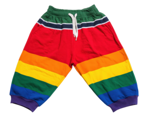 Colorful rainbow pants with vibrant striped design featuring mix of red orange yellow green blue and purple. These comfortable pants are perfect for casual wear and express fun playful style
